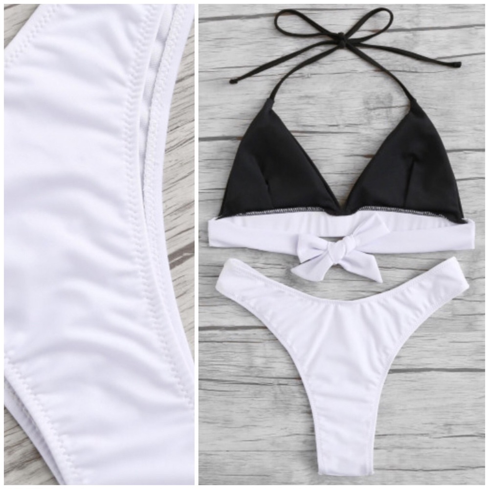 Colorblock Black String Halter Bikini - Picture 2 of 6